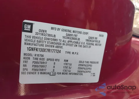 2007 Chevrolet Tahoe Lt from USA, damaged, VIN 1GNFK130X7R177724